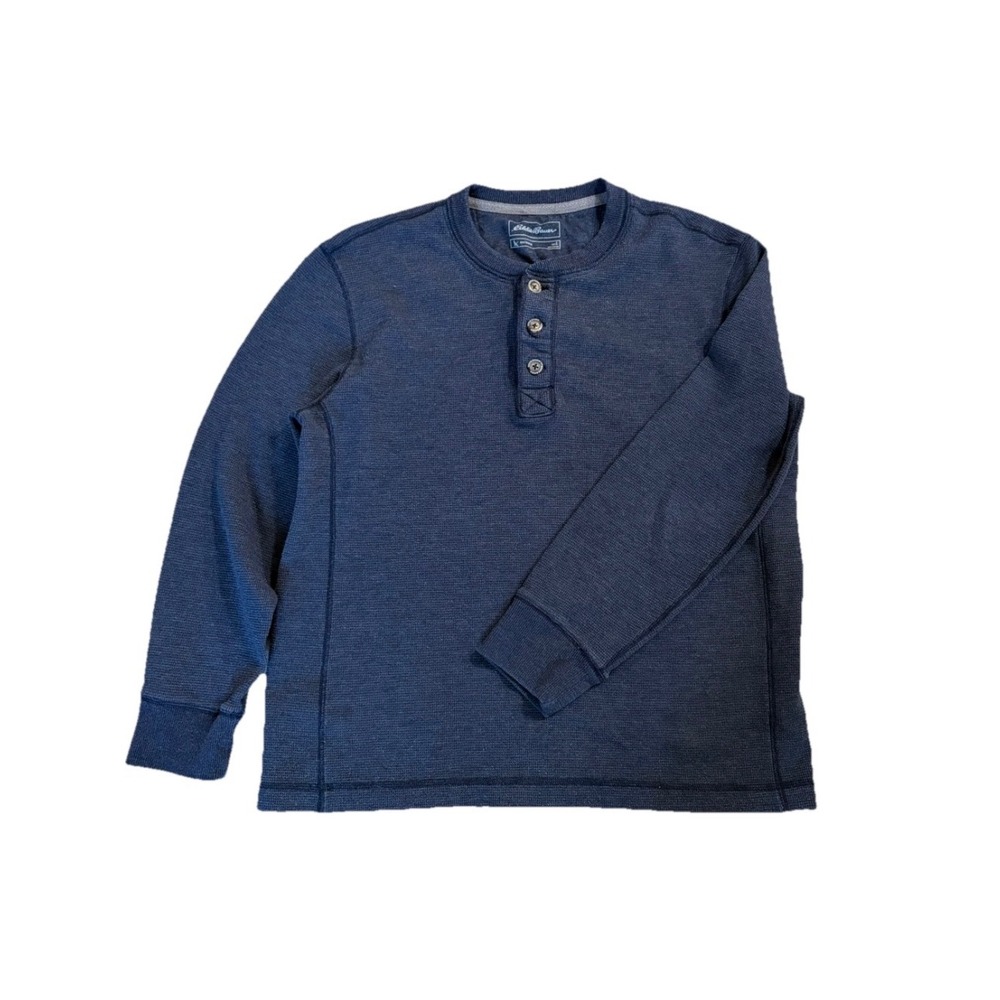 Eddie Bauer Thermal Henley Shirt Men L Navy Blue Waffle Knit Long Sleeve